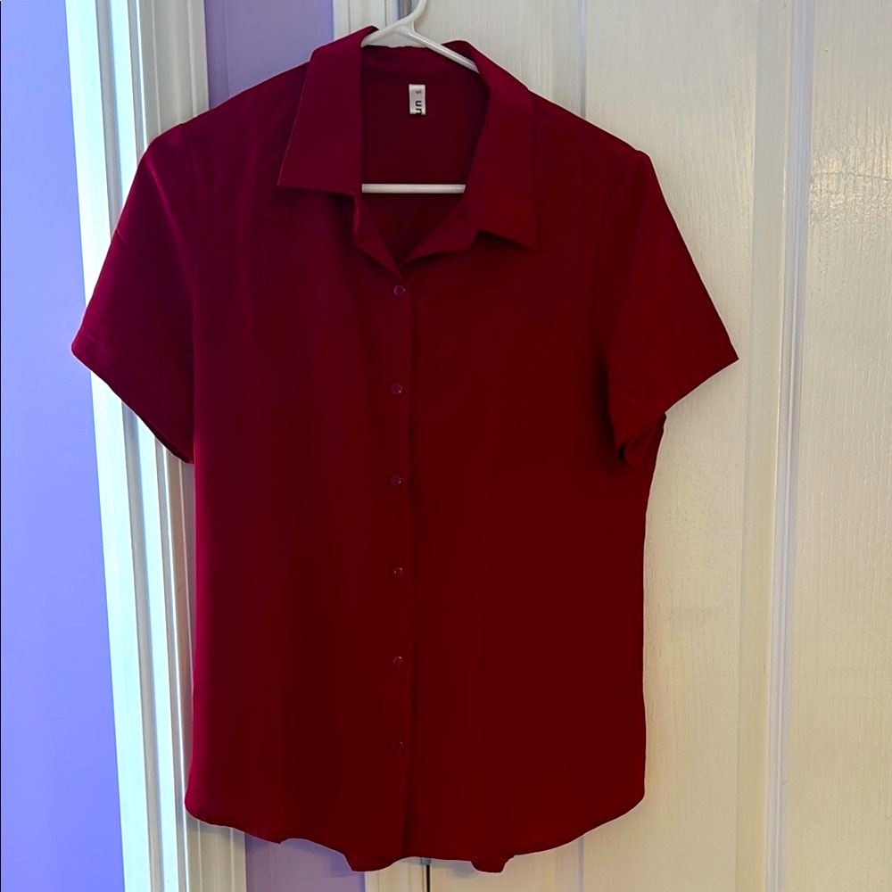 Women's Red Short Sleeve Button-Up Shirt
